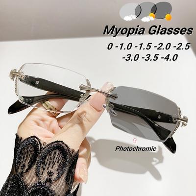 New Fashionable Frameless Photochromic Women's Myopia Glasses with Cutting Edge Neutral Metal Frame HD Anti Blue Light Glasses