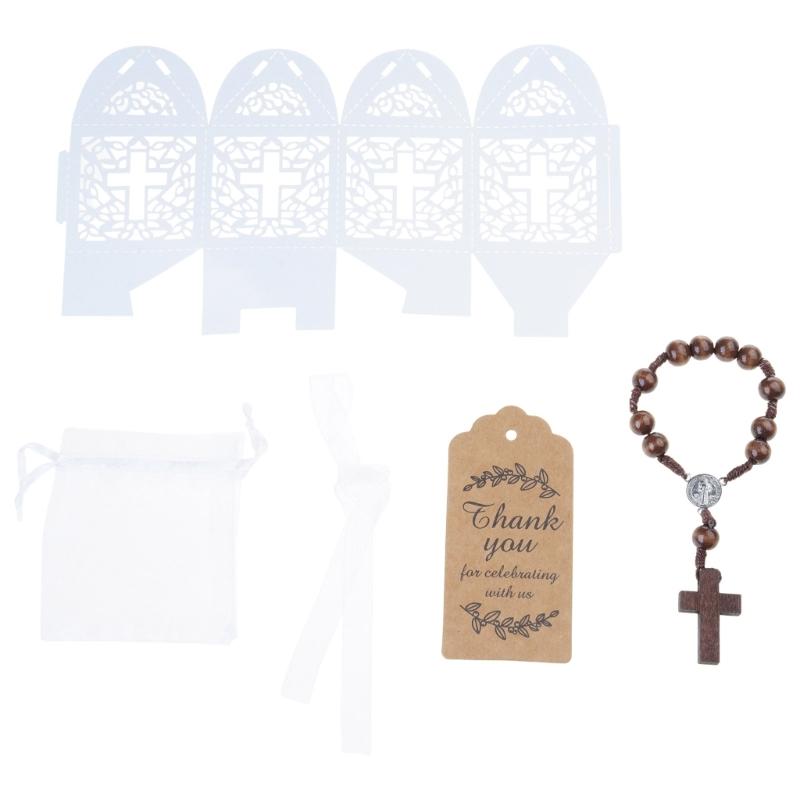 Wooden Crosses Beads Rosaries Bracelets Set For Baptisms Gift With Hollowout Paper Box Thank You Card Organza Pouches