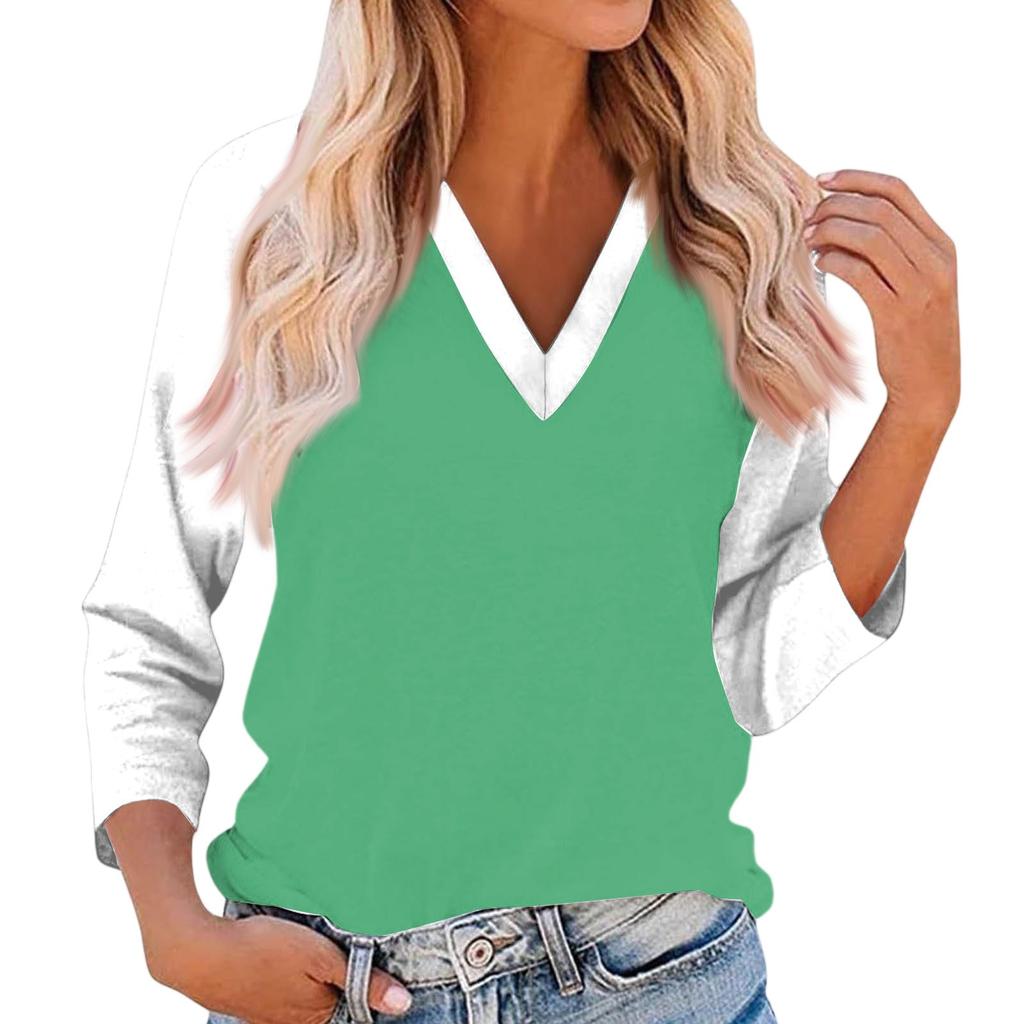 Women's Casual And Fashionable Patchwork V-Neck Top With Seven Quarter Sleeves Top