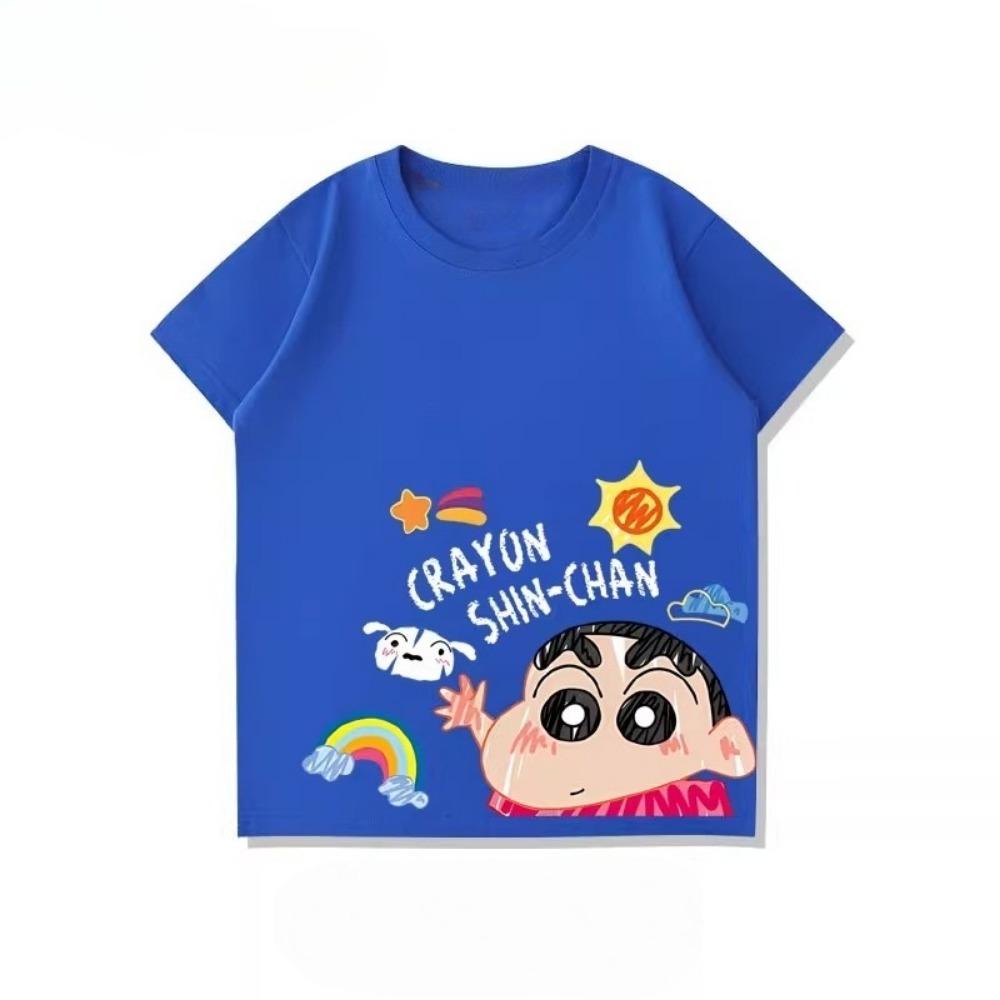 2026 New Summer Parent-Child Clothing Collection, Crayon Shin-chan Family Pure Cotton T-shirts, Blue Loose Casual Tops