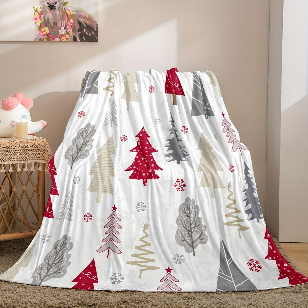 1pc Cozy Christmas Tree Print Flannel Blanket - Soft, Warm, and Multi-Purpose Throw Blanket for Couch, Sofa, Office, Bed
