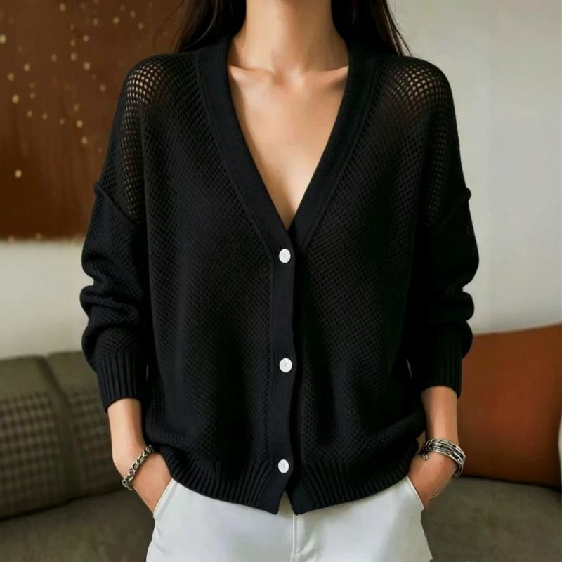 Women S V Neck Loose Long Sleeve Mesh Knit Cardigan Sun Protection Cover Up