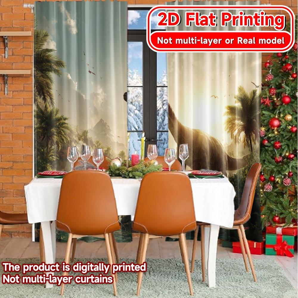 2D Flat Printing,2pcs Jurassic Vista Popular Curtains Digital Printed Semi-Sheer Curtains Holiday for Living Room, Bedroom,