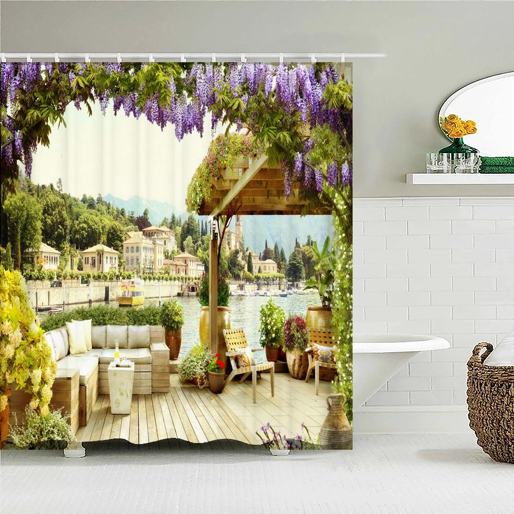 

Flowers Garden Landscape Shower Curtain European Retro Rural Scenery Wall Decor Hanging Curtain Waterproof Bathroom Curtains W90XH180cm