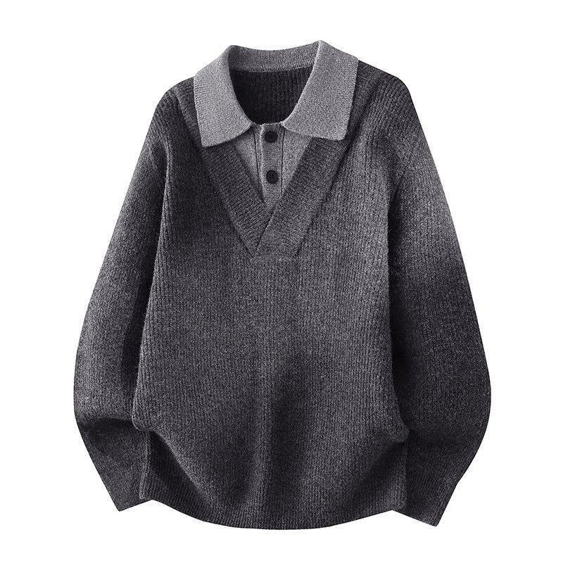 Dongjie No Logo Flus Spring Smoke Color Sweater Men's Fake Two-Piece Long Sleeve Loose Knit Top