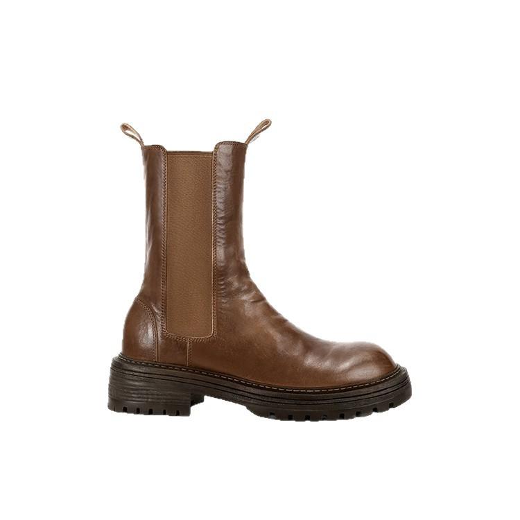 Su Yinyin has the same retro round head versatile pleated thick sole thick heel Chelsea elastic Martin short boots women's cigarette boots