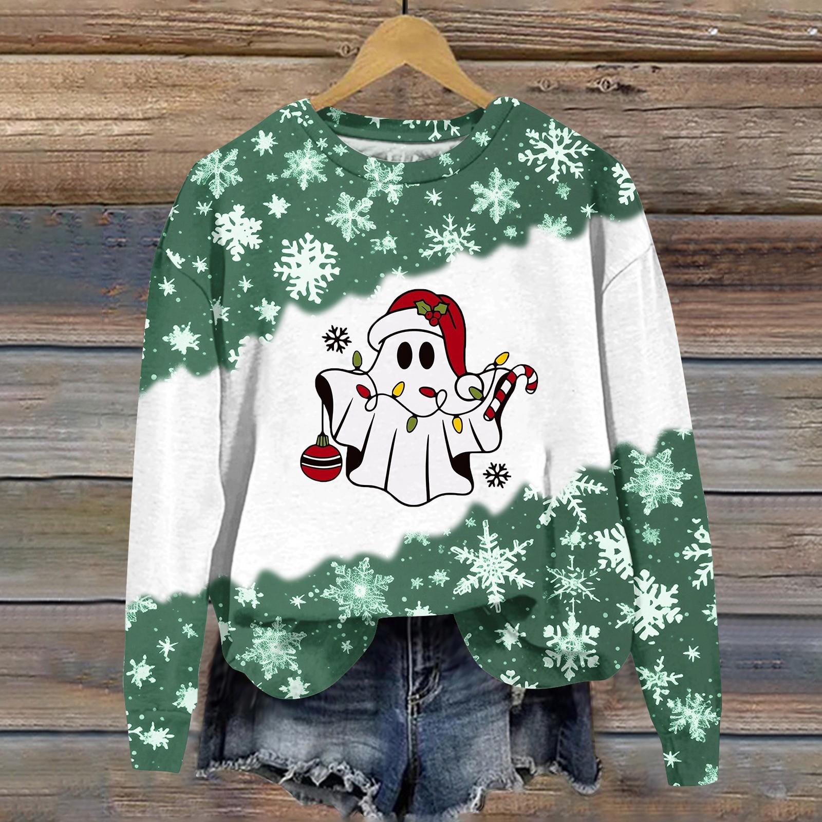 Женская мода рождественский принт длинный рукав свободный круглый вырез толстовка — фото 14