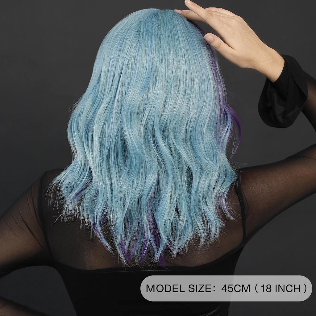 Professional  Synthetic Body Wavy Light Blue Hair Wig with Bangs for Women Daily Party High Density Middle Length Highlight Purple Wigs