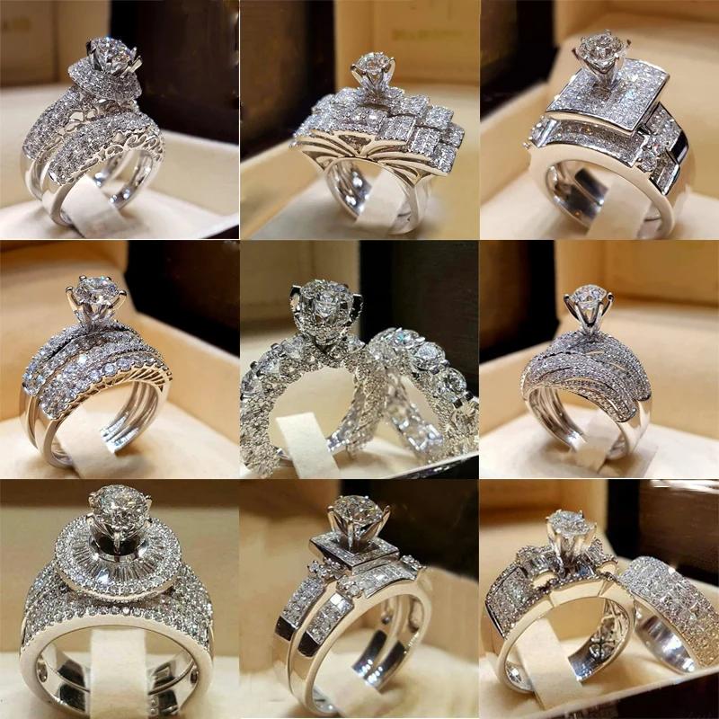 2 PCS/Set Series ! Trendy Milangirl White Crystal Round Ring Set For Women Girls Wedding Engagement Party Fashion
