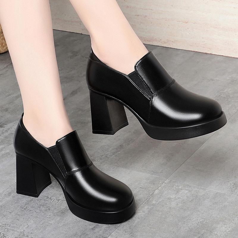 8cm Breathable Comfortable Deep Mouth Soft Leather Shoes Platform Pumps 2025 Spring Trend Block High Heels Shoes with Fur Black