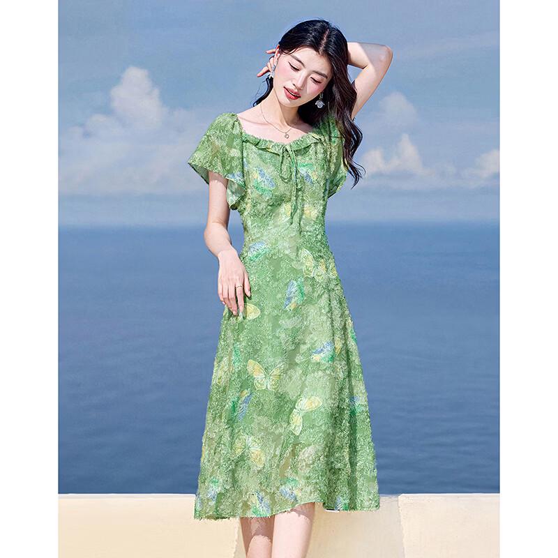 Green Butterfly Floral Square Neck Ruffle Sleeve Dress XL