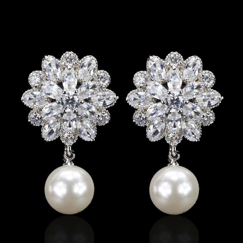 Bridal Earrings, Pearl Zircon Stud Jewelry