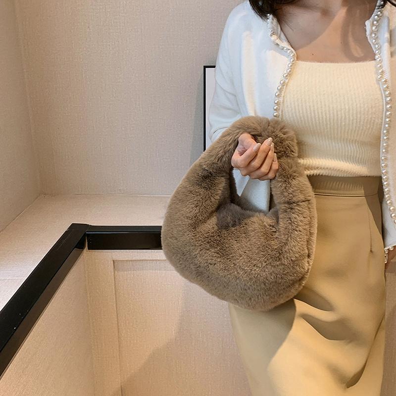 Yogodlns Fur Women's Small Half Moon Bag Luxury Warm Plush Wrist Bags for Women Fashion Furry Short Handle Clutch Cute Ladies Coin Purses