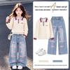 Moonkids Girls' Autumn Casual Polo Collar Knit & Denim Set