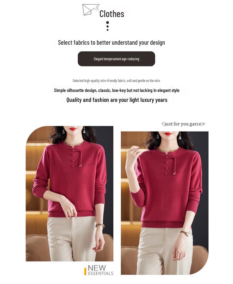Elegant Plus Size Chinese Style Wool Sweater for Middle-aged and Elderly Women - Autumn/Winter Knitwear