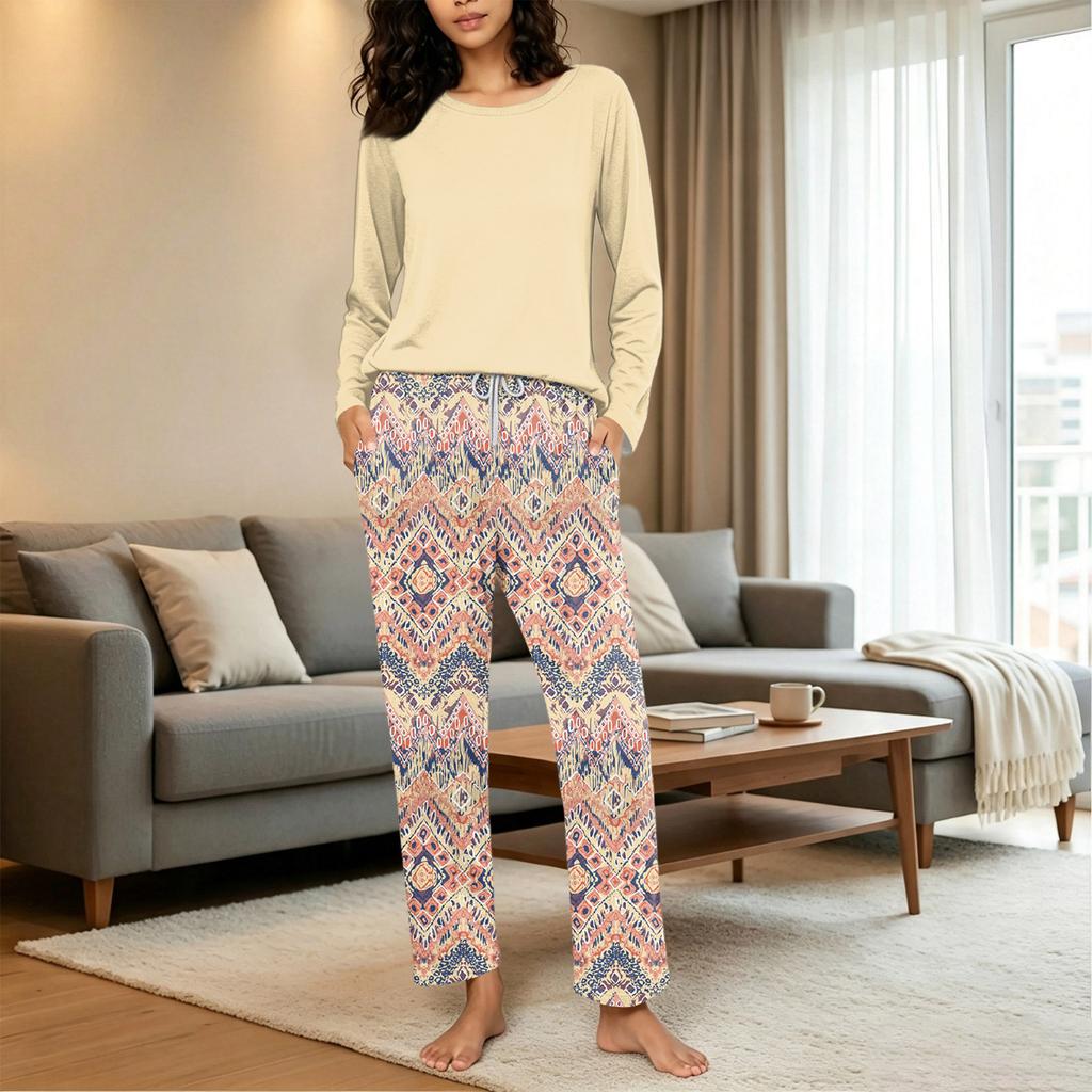 Damen Freizeit-Schlafanzug-Set mit Print, Rundhalsausschnitt und Lockerer Passform für Nachtwäsche und Loungewear