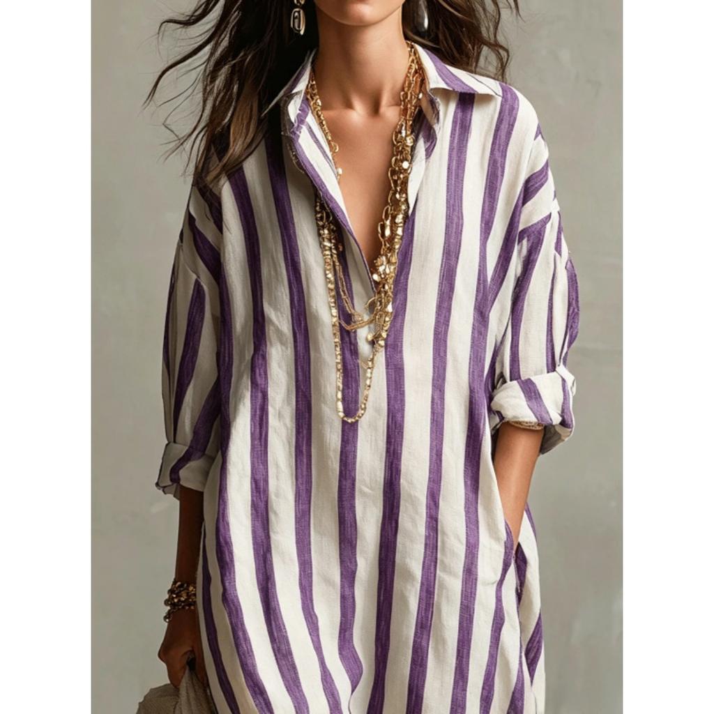 Spring Summer Women's Loose V-Neck Long Striped Printed Shirt Dress, Fashion Casual European American Style Casual Dress