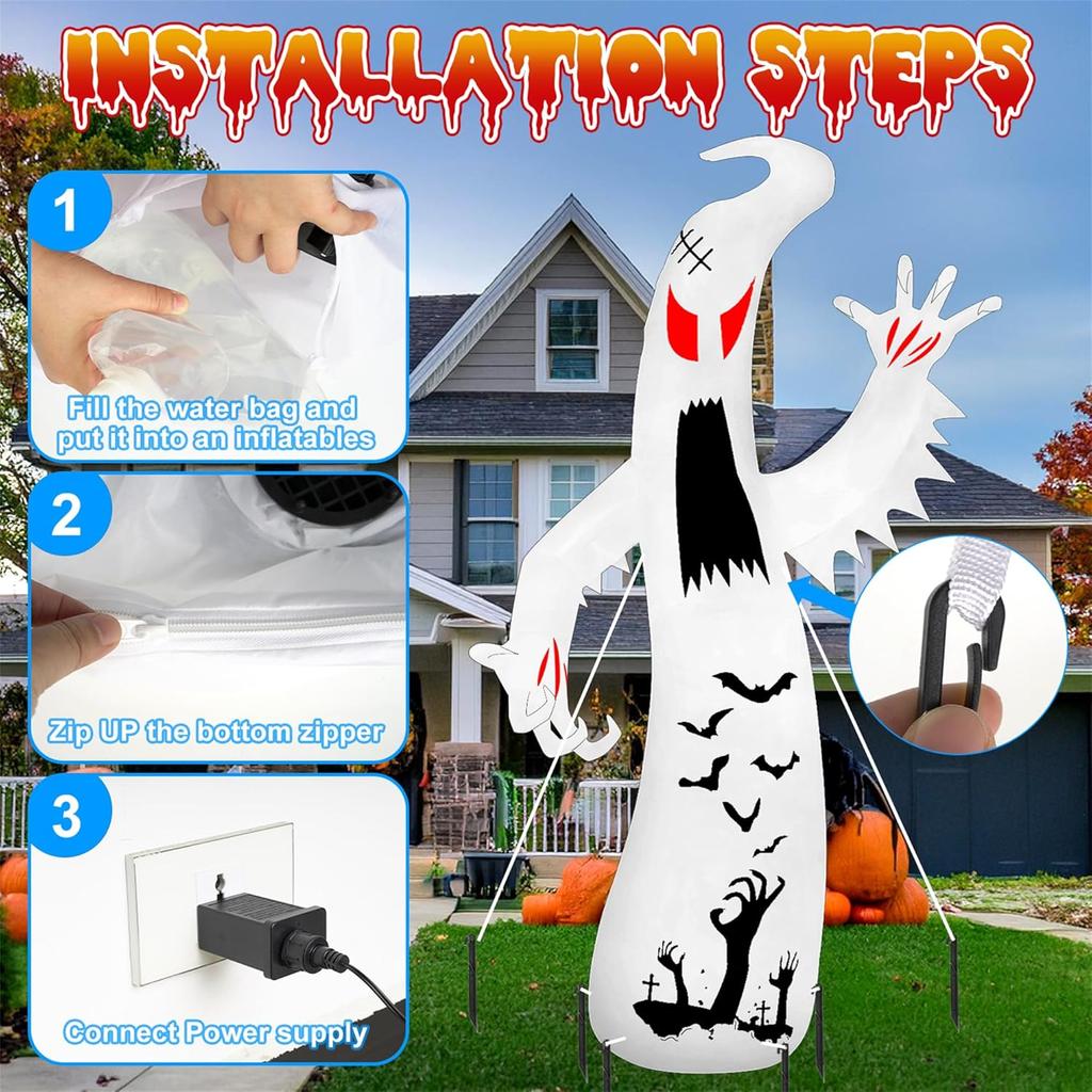 JOYFY 12Ft Giant Ghost Halloween Inflatable Outdoor Decorations with Colorful Flashing Flame Light for Garden/Home/Holiday/Party