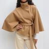 Women's Elegant Camel Cape Coat with Batwing Sleeves and High Collar, Belted Waist Design