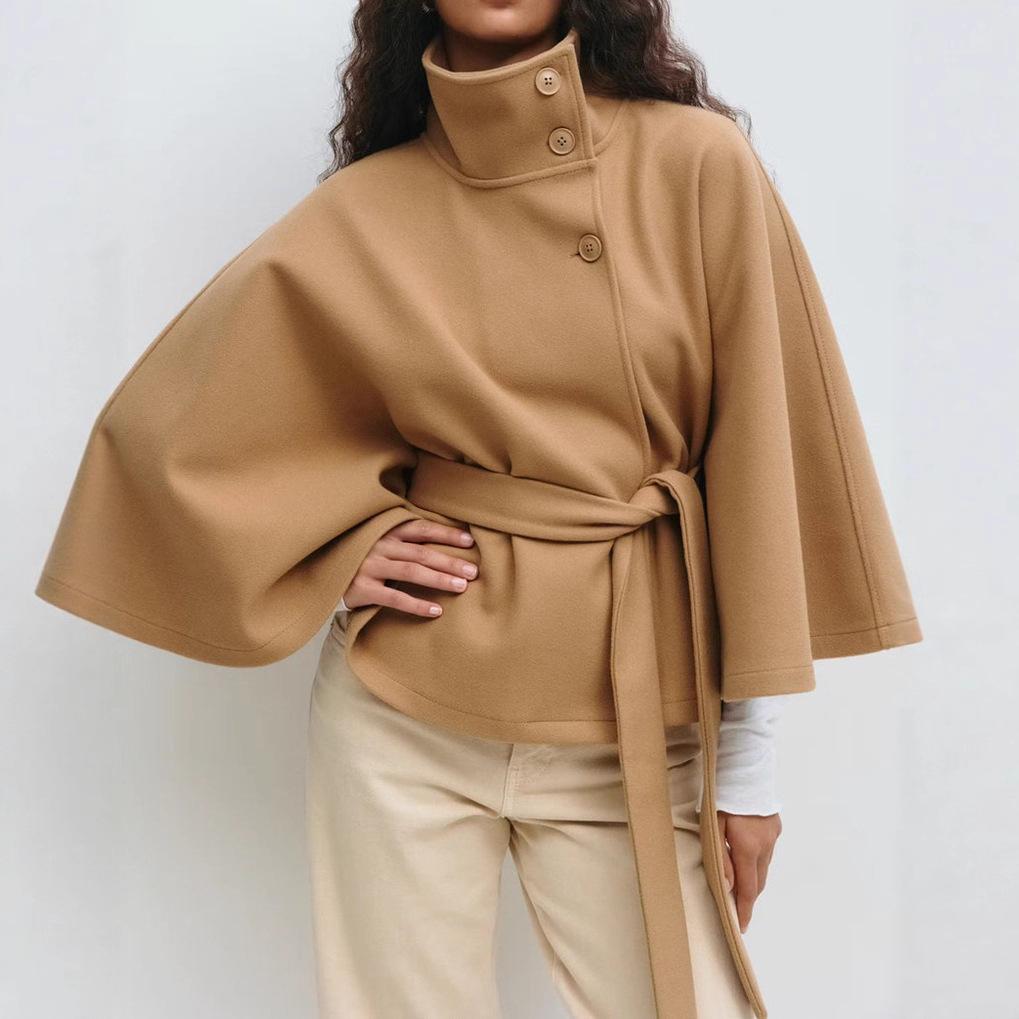 Fashion Women's Lace Up Woolen Cape Coats Loose Stand Collar Batwing Sleeve Button Black Gray Jackets Autumn Streetwear