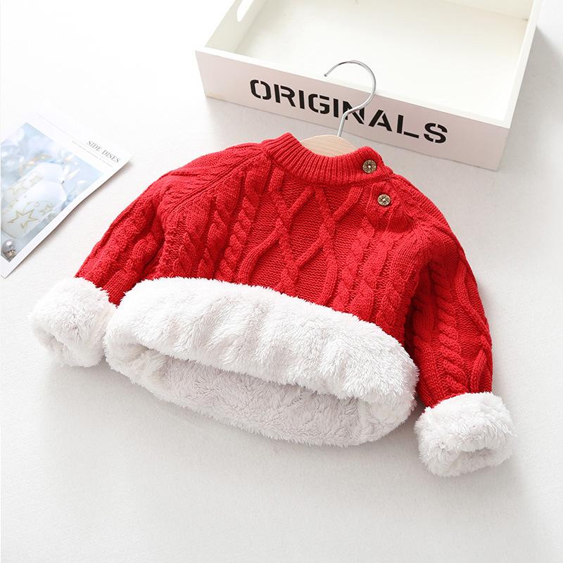 Sweater for Girls with Added Velvet and Thickened Autumn and Winter Baby and Children's Base Knitted Sweater Pullover Round Neck Sweater