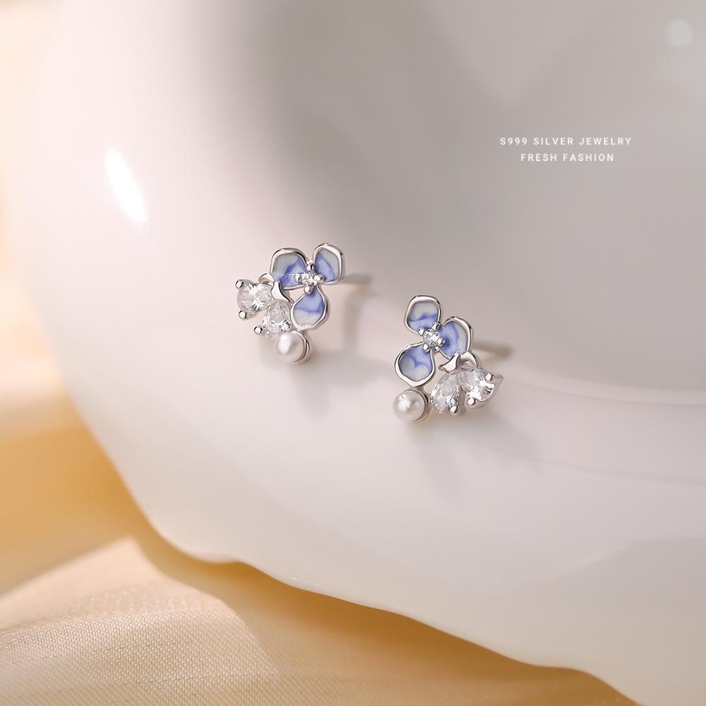 S999 Sterling Silver blue Yingwei Flower Inlaid Zircon Pearl Earrings for Women Elegant Temperament Jewelry Earrings серебряный