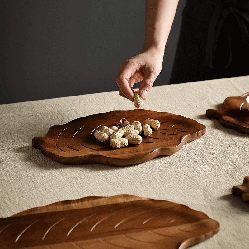Japanese Acacia Wood Leaf-shaped Dinner Plate & Tea Tray for Snacks, Pastries, and Fruit