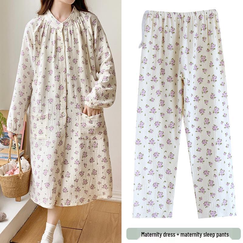 Pure Cotton Gauze Maternity Dress - Summer Nursing Nightgown for Hospital & Home, Plus Size, Women's Spring/Autumn Pregnancy Pajamas.