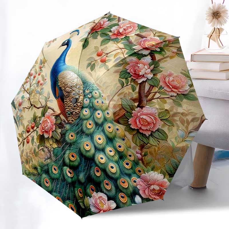 

1pc Peacock, feathers pattern Umbrella Portable Folding Umbrella Iron Frame Hole Bone Structure Outdoor Home Umbrella разноцветный