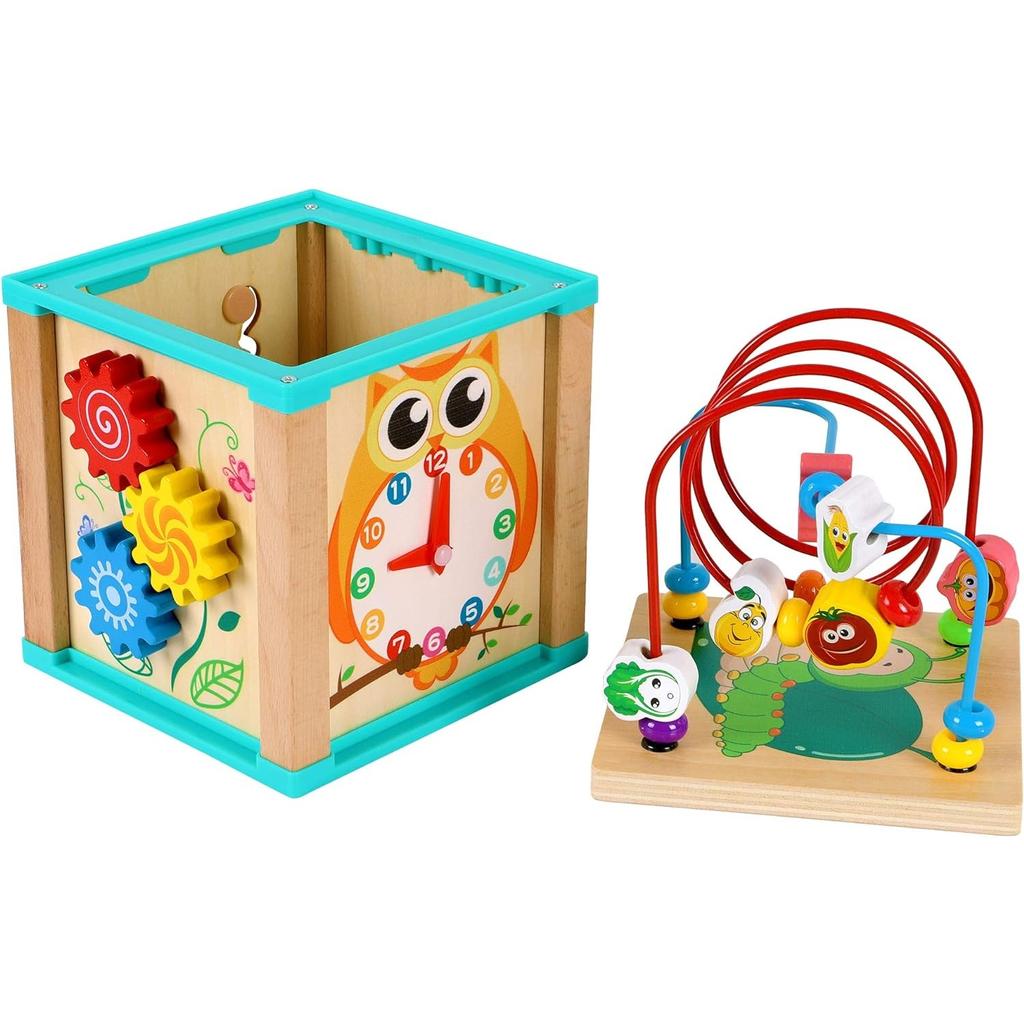 Toys of Wood Oxford Wooden Activity Cube, Motor Skills Cube, Wooden Labyrinth Toy, Loop with Beads, for Babies, Large