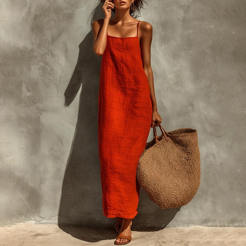 New summer clothing, European and American women's clothing, casual vacation style solid color suspender dress, long dress for women