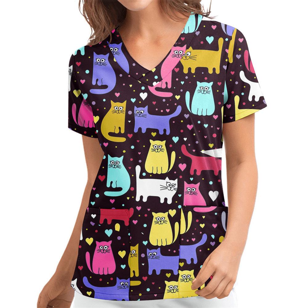 Women's T-shirt V-neck Nurse Uniform Casual and Comfortable Short Sleeved Women's Dreamy Printed T-shirt