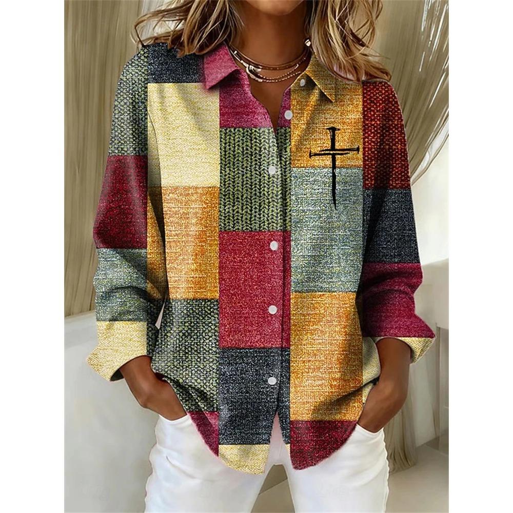 3D Patchwork Color-Printed Fashion Women's Shirt Loose Fit Ladies Blouses Tops New Spring Summer Casual Long-Sleeve Shirt