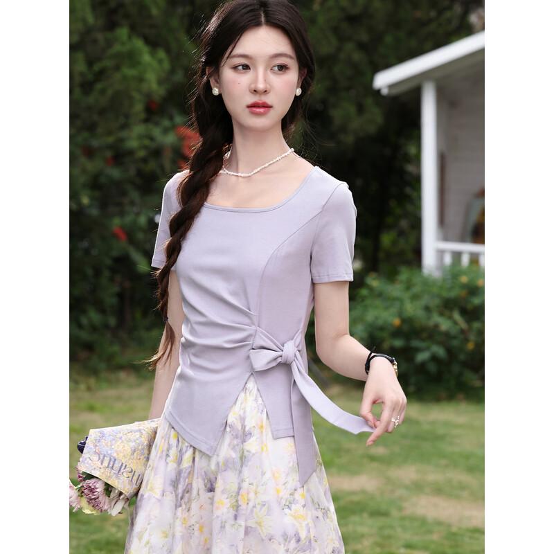 Women s Irregular Purple Bow-Knot T-Shirt M