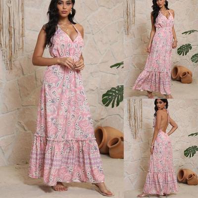 Ropa de primavera y verano 2024 moda europea y americana ropa de mujer tirantes estampado retro cintura alta sin mangas vestido mujer