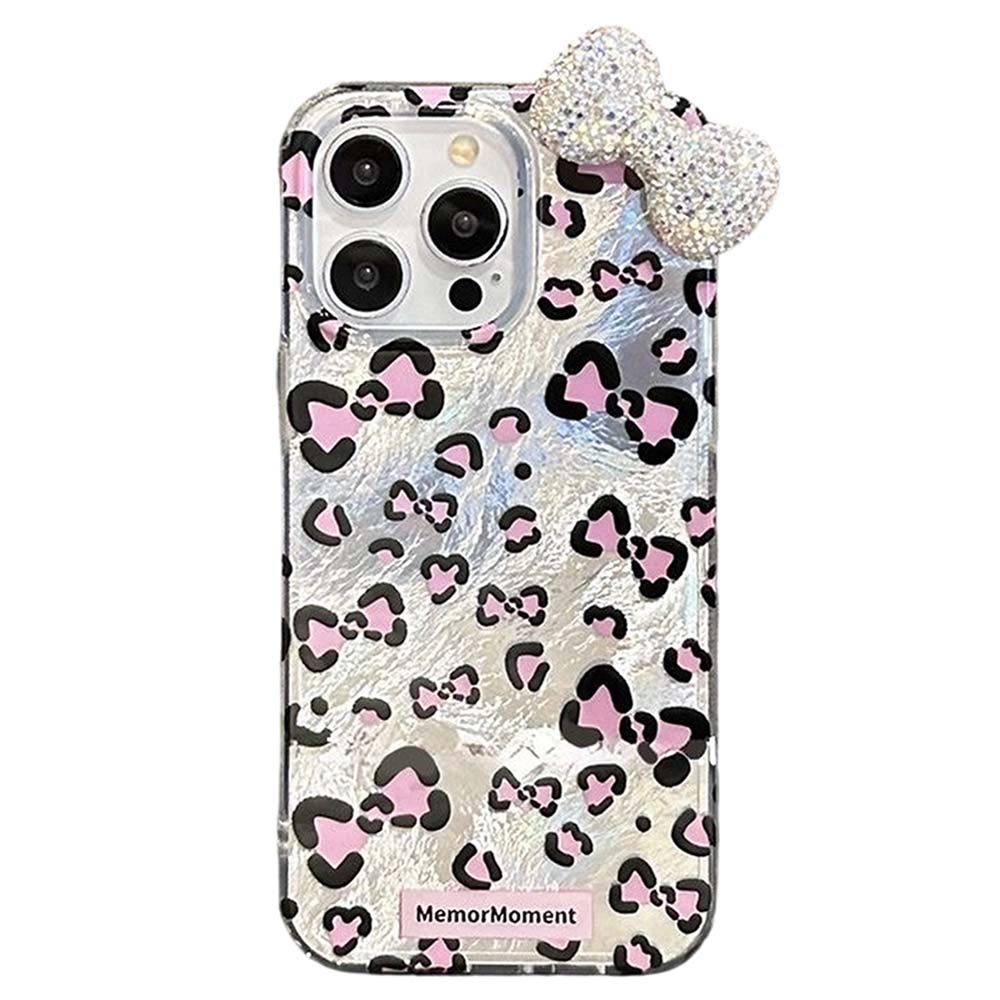 

For iPhone 15 Pro Hybrid Case Leopard Bow Pattern TPU PC Phone Cover 3D Rhinestone Bowknot Decor