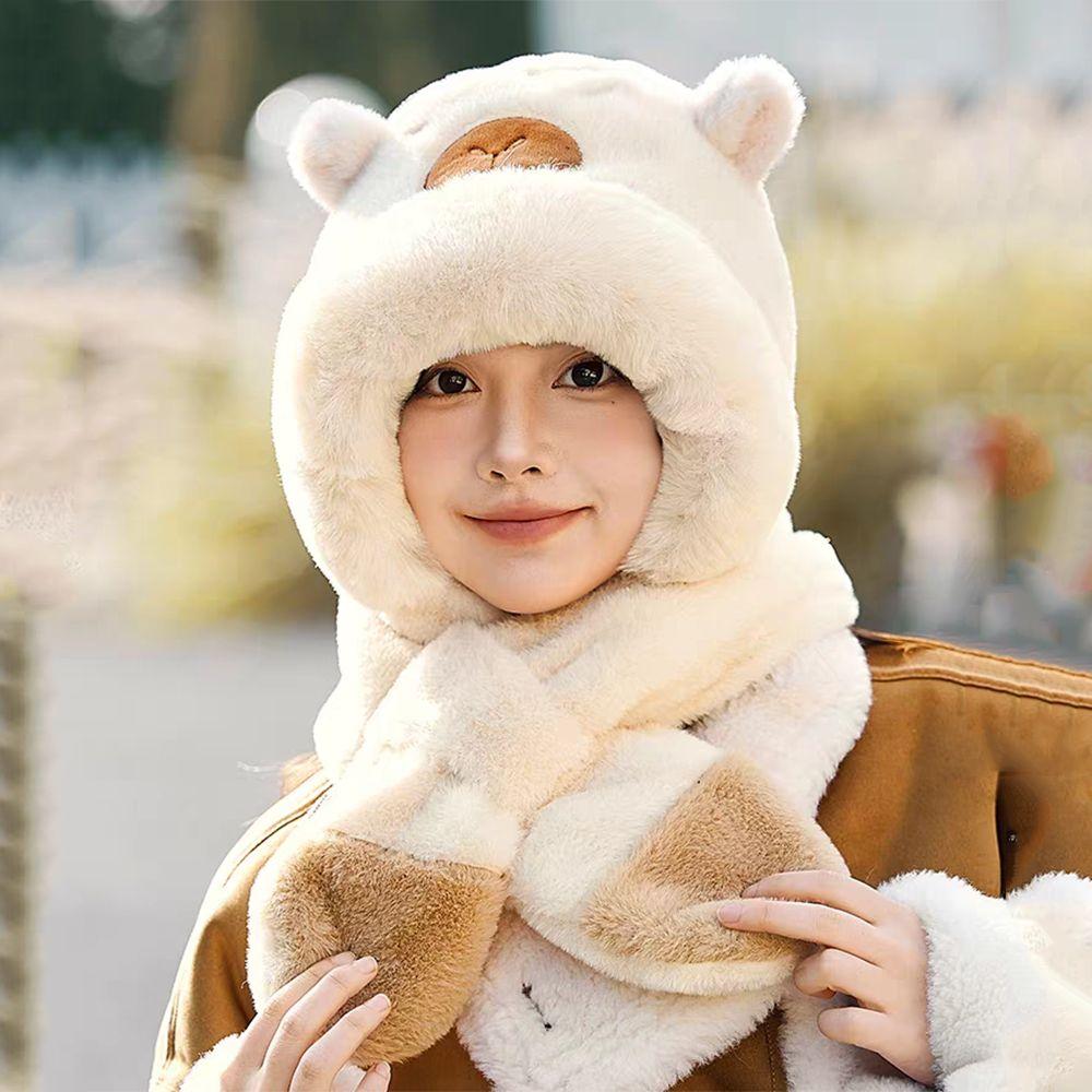 Thickened Capybara Hooded Scarf Set Soft Plush Plush Hat Scarf Set  Cycling Protection