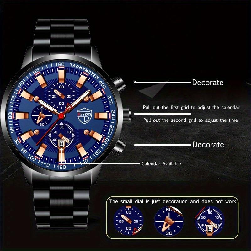 3pcs/set 1pc Fashion Men's Calemdar Business Stainless Steel Quartz Watch & 1pc Men's Bracelet & 1pc Men's Neckalce