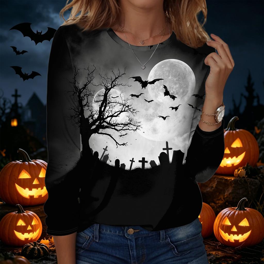 Women's Halloween Printed Crewneck Long Sleeve Pullover Sweatshirt Casual Fit Lightweight Top for Seasonal Wear