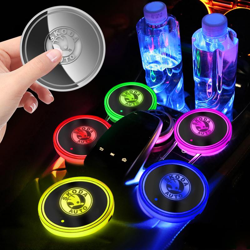 EMIW1 Car LED Luminous Coaster Drinks Holders For Skoda Octavia A5 Superb Old Febia Roomster 2013 2005-2008 Rapid Roomster Kodiaq Yeti
