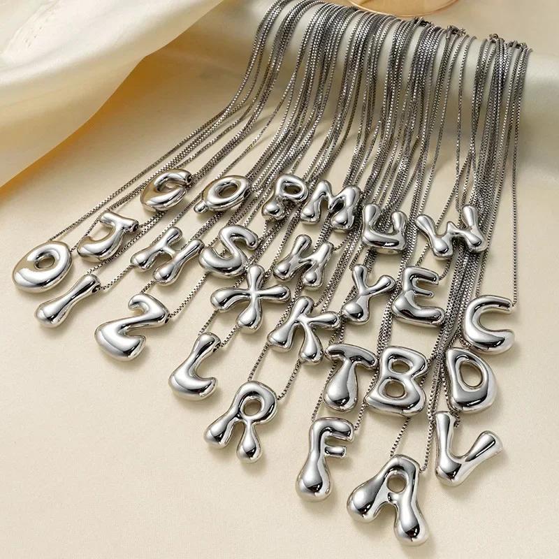 

Silver Color Chunky Bubble Initial Letter Pendant Necklace for Women Smooth Stainless Steel 26 Alphabet Necklace Party Jewelry A