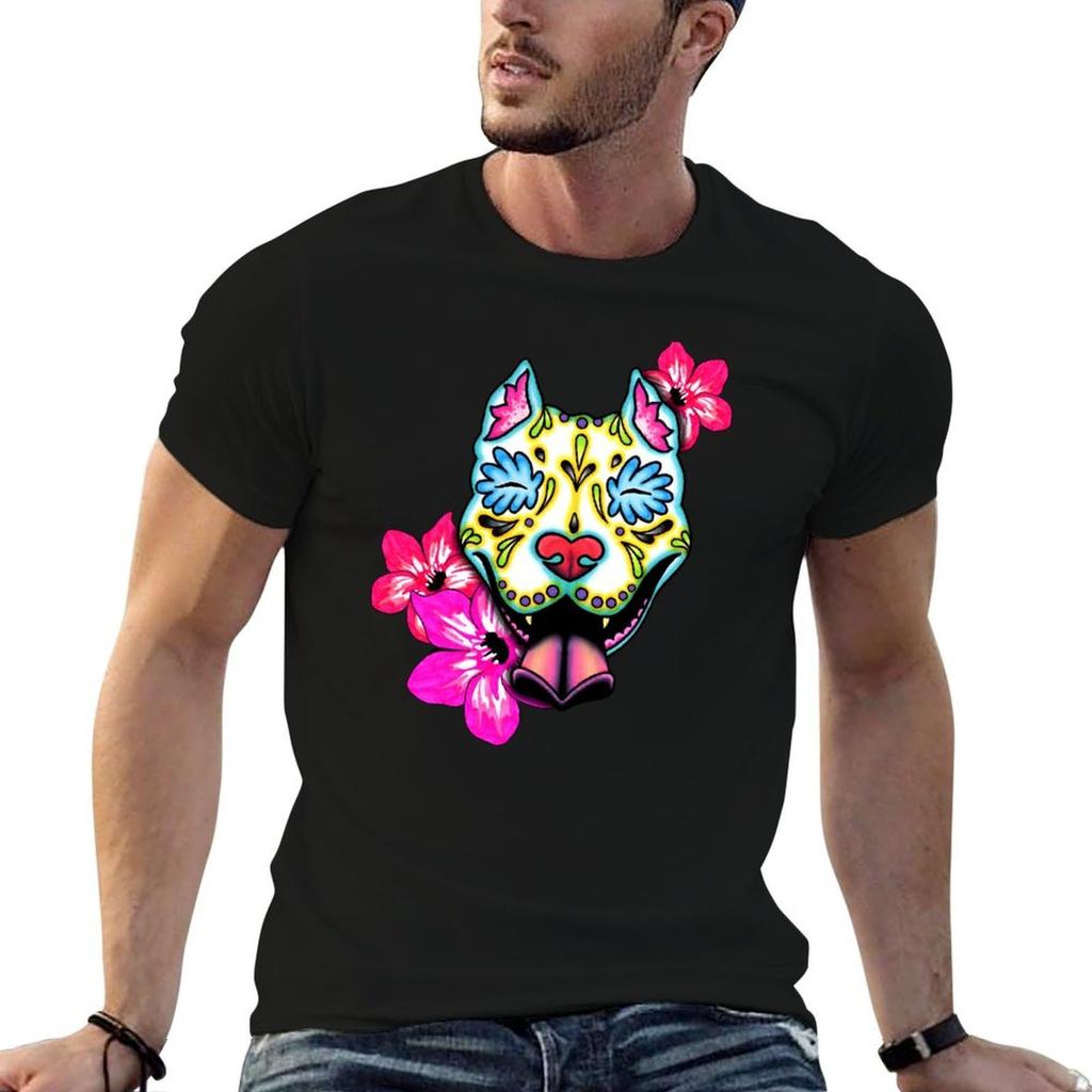 Slobbering Pit Bull Day Of The Dead Sugar Skull Pitbull Dog Tshirt T Shirts For Unisex Graphic Tees T Shirts Cotton 100 Tshirt