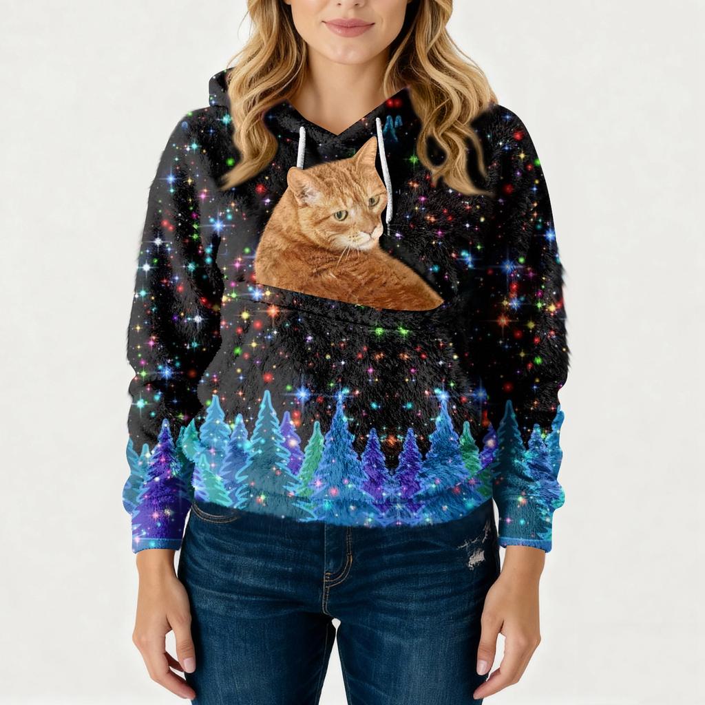 Women's Fashionable Casual Fleece Lined Long Sleeve Pocket Hooded Printed Sweatshirt