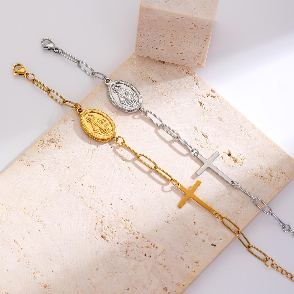 High Quality Western Retro Virgin of the Cross Titanium Steel Bracelet, Men's and Women's Geometric Stainless Steel Chain Simple Bracelet
