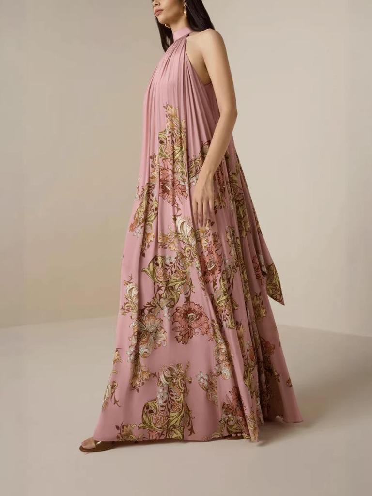 Elegant European and American High Neck Tie-up Print Loose Holiday Dress