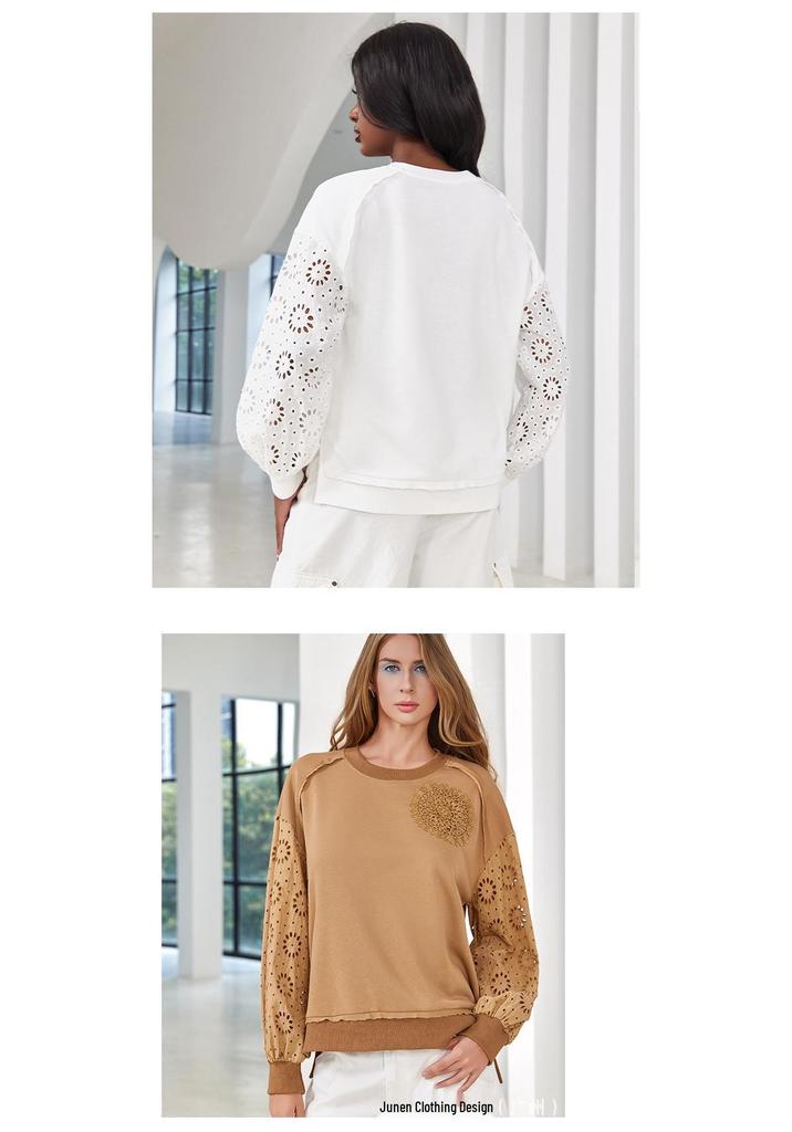 Solid Color Crochet Patchwork Long Sleeve Hoodie