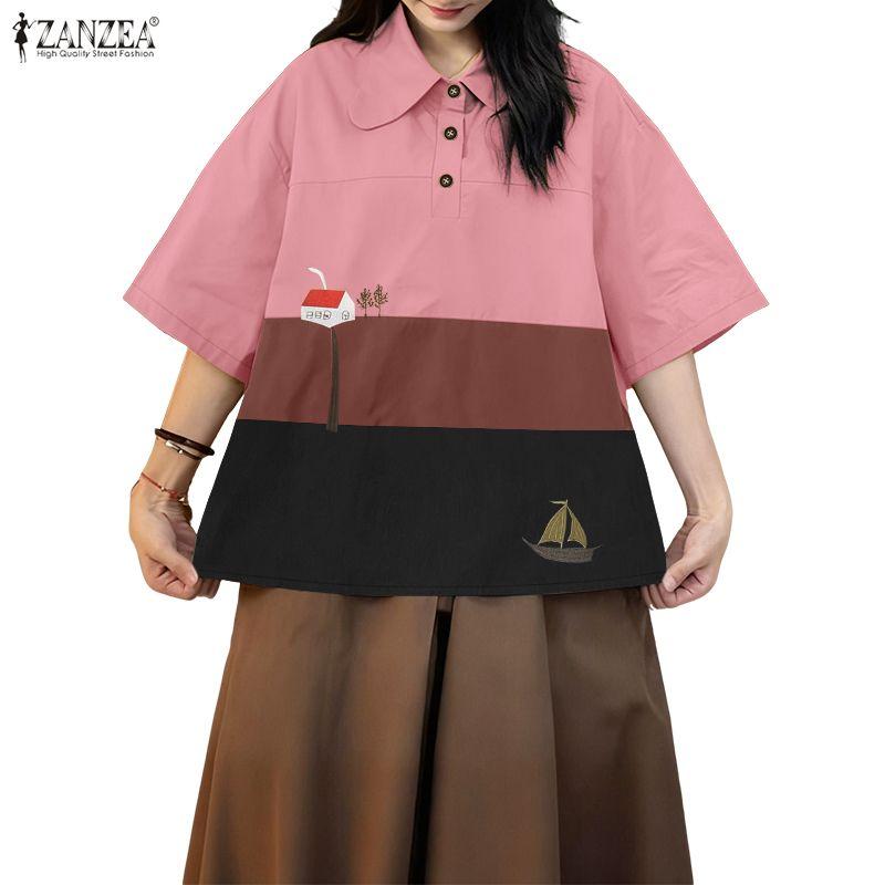 ZANZEA Damska casualowa luźna bluzka z krótkim rękawem, z kołnierzykiem i nadrukiem