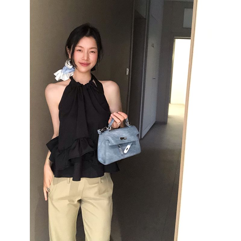 Kumikumi Sweet and Spicy Style Hanging Neck Sleeveless Black Vest Women clothes Summer Temperament Patchwork Frill All-Match Top