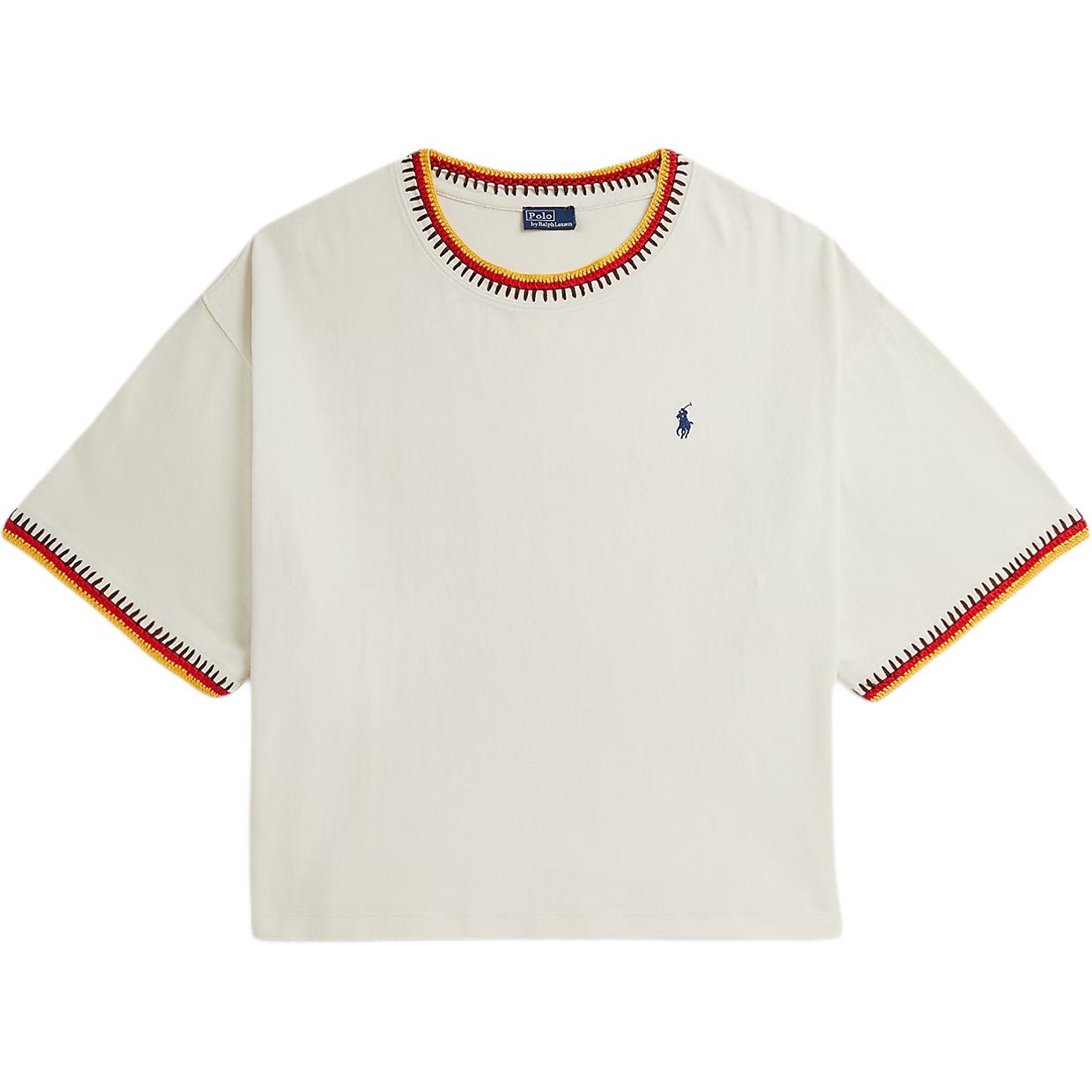 

Polo Ralph Lauren Вышитый логотип-лошадка Узор Крючком Отделка Хлопковый Вязаный Круглый вырез Короткий рукав Опущенные плечи Футболка Женские топы 211A96265-001 S