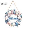 Patio Welcome Plaque Summer Coastal Wooden Wreath, Ocean Sign, Starfish Shell Nautical Hanging Sign Front Door Hanger for Porch, Indoor, Outdoor, Wall